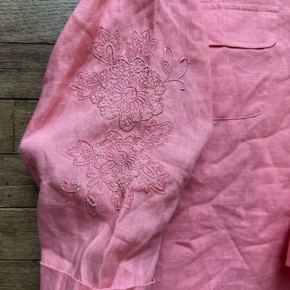 Edward Button Up Shirt Womens Large Embroidered Beaded 100% Linen Pink Vintage - Picture 4 of 7